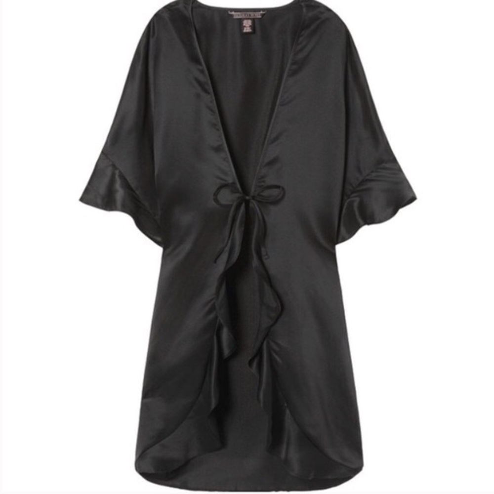 NWT Victoria's Secret Black Satin Ruffle Robe, OS